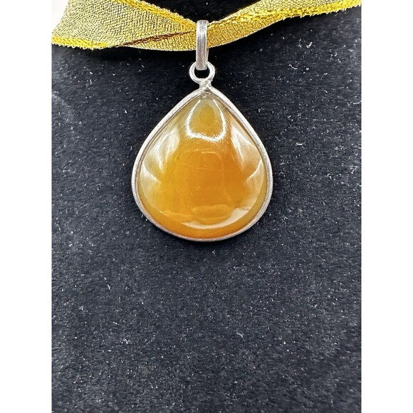 Natural Dendritic Agate Sterling Silver Pendant Orange Tearshape Unique Artisan